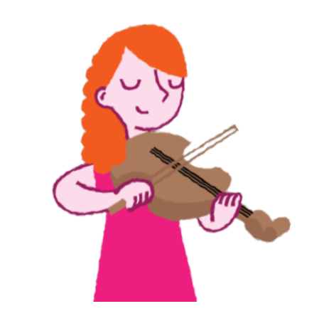 A cartoon of a young girl with orange hair, wearing a pink dress and playing a violin.